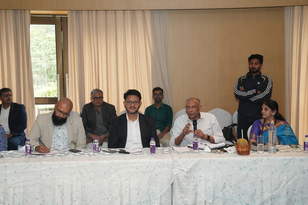 Raj V., Aurobindo Sahoo, Padmini, Vinod, and other Calibo leaders exchanging insights on AI readiness, industry-academia collaboration, and future workforce development during the Calibo Industry-Academia Leadership Roundtable in Visakhapatnam.