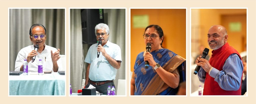Collage of college leaders sharing insights during Calibo Industry-Academia Leadership Roundtables held in Vijayawada and Visakhapatnam, discussing AI readiness, industry-academia collaboration, and the future of engineering education.