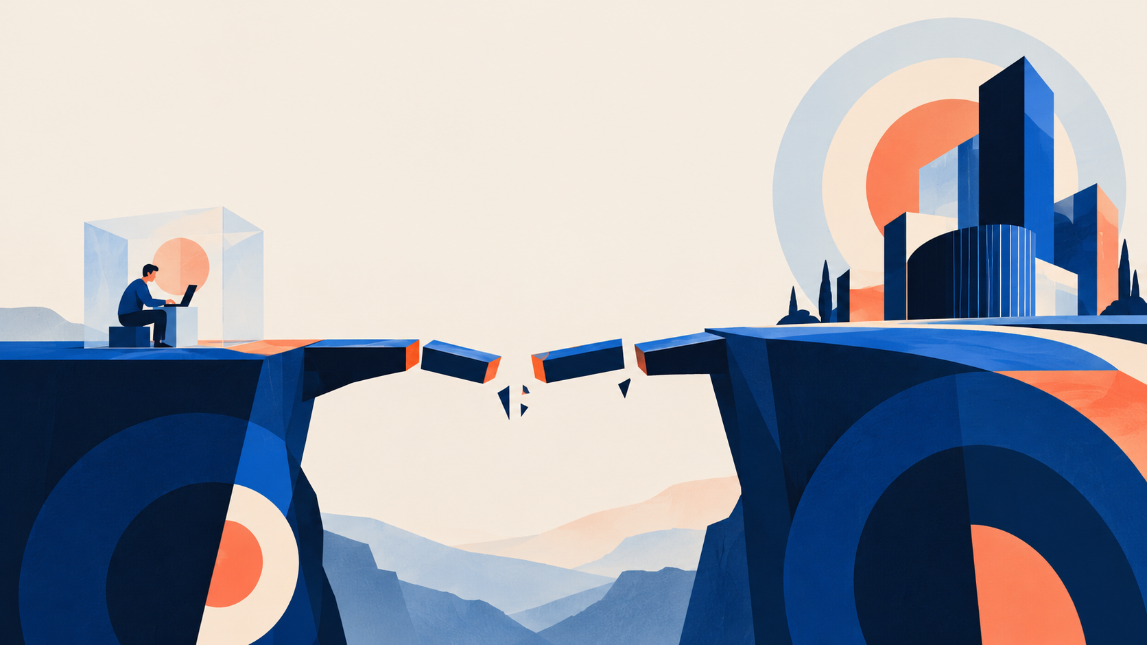 Broken bridge between an isolated AI experiment and enterprise operations, illustrating the gap between pilots and business impact.