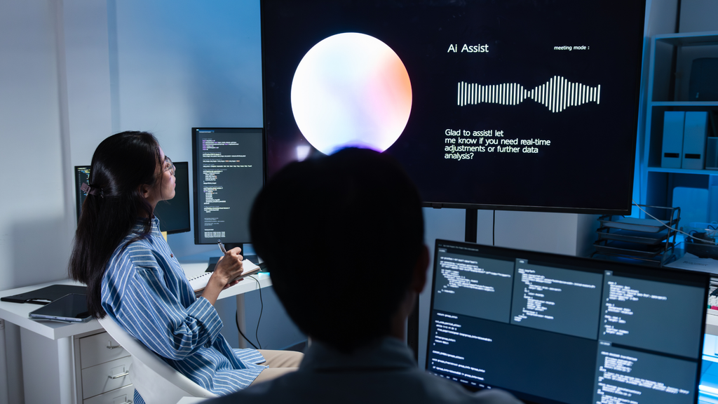 Business colleagues reviewing and discussing the workflow with AI integration.