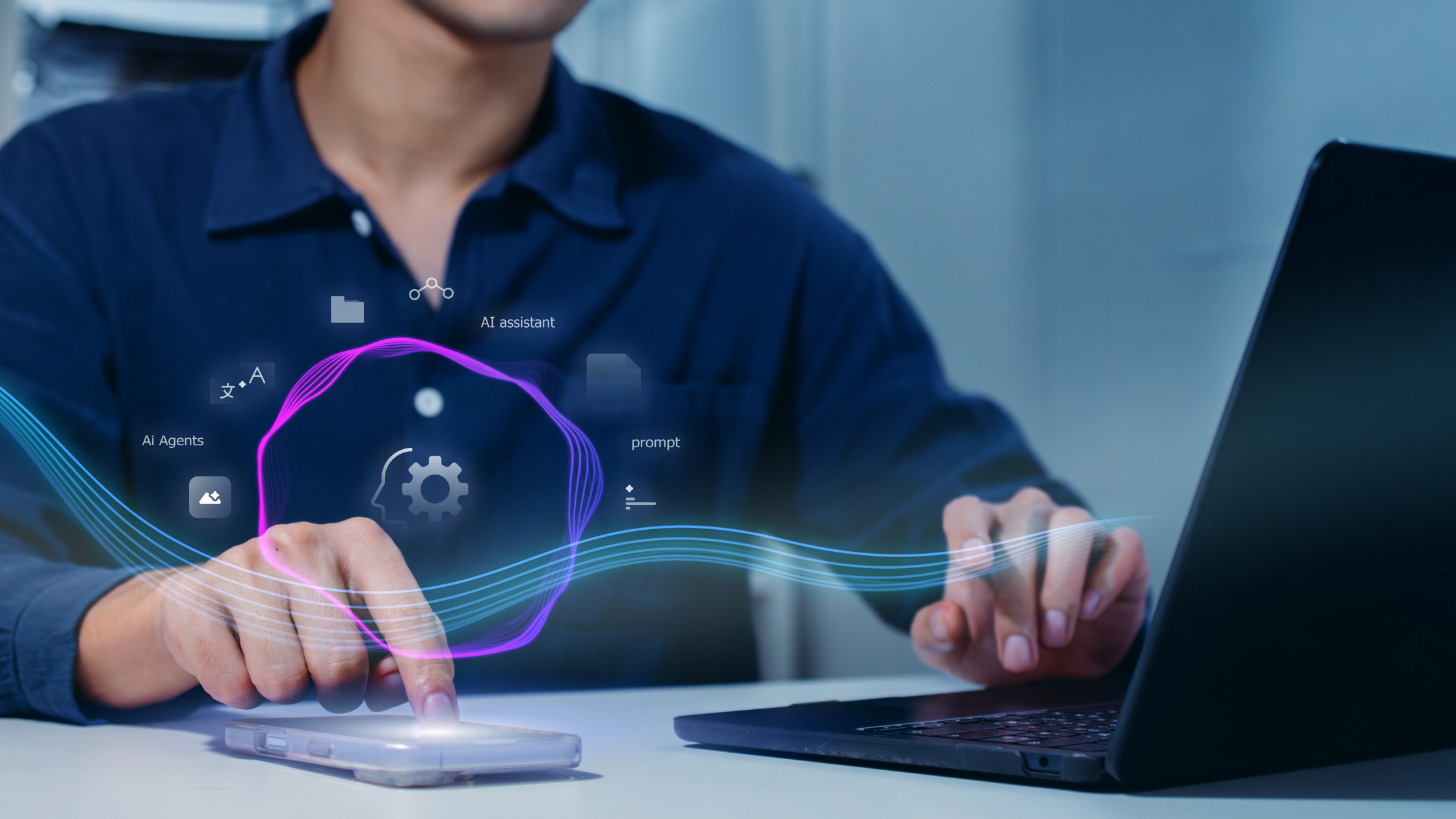 Person using a smartphone beside a laptop, with overlaid AI assistant icons and glowing blue and purple lines.